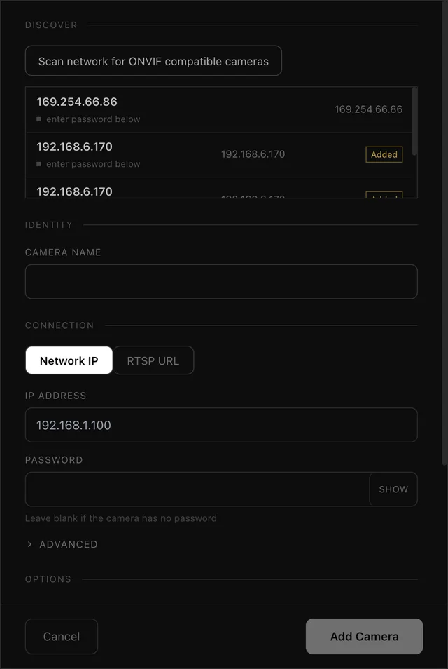 Add Camera dialog with an ONVIF network scan listing discovered cameras, and fields for camera name, IP address or RTSP URL, and password.
