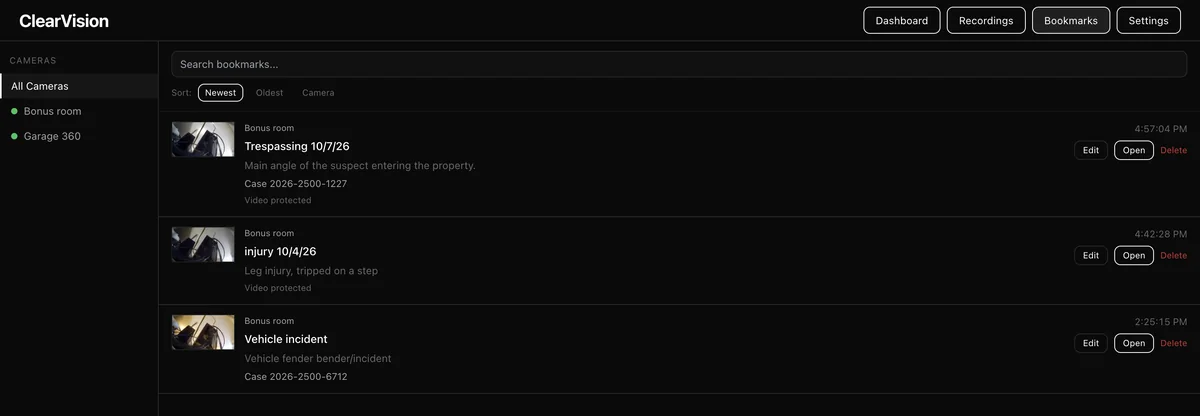 Bookmarks page with saved moments, each showing a thumbnail, camera, title, notes, a case number and a protected-video label, with search and sort controls.