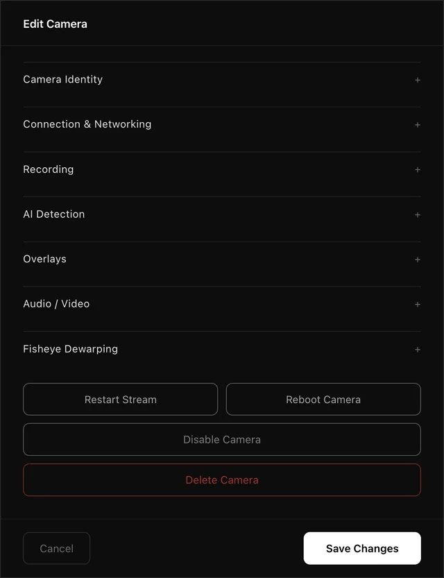 Edit Camera dialog with sections for identity, connection, recording, AI detection, overlays, audio and video, and fisheye dewarping, plus restart stream, reboot camera, disable and delete buttons.