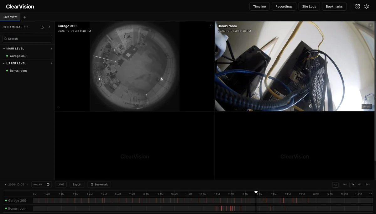 ClearVision dashboard with a fisheye garage camera and an indoor camera in the live grid, cameras grouped by floor in the sidebar, and a 24-hour timeline for each camera along the bottom.