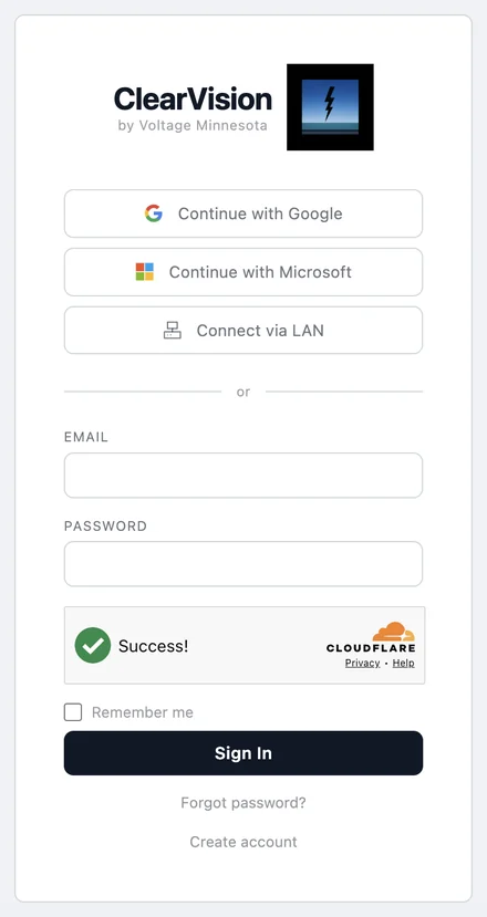 ClearVision sign-in page with Continue with Google, Continue with Microsoft and Connect via LAN buttons, an email and password form, a Cloudflare Turnstile check, Remember me, and links to reset a password or create an account.