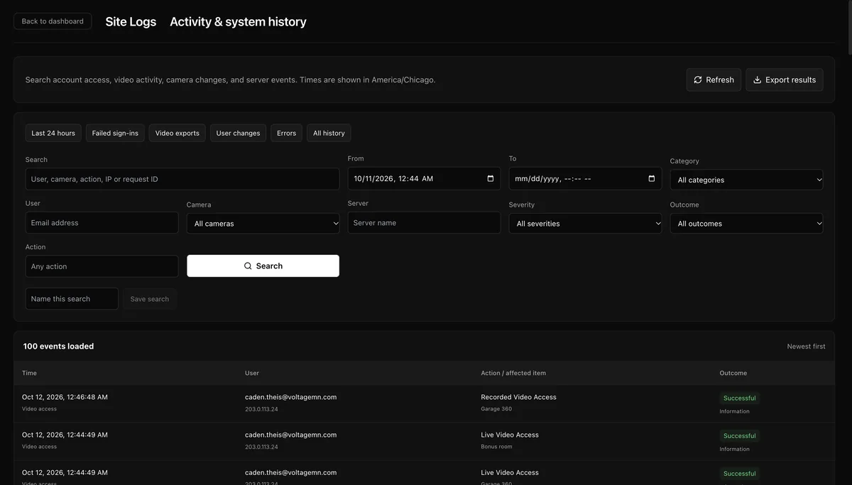 Site Logs page with quick filters, search fields for user, camera, server, severity and outcome, and a table of events showing time, user, IP address, action and outcome.